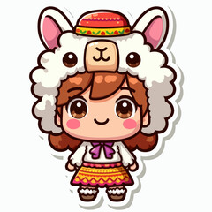 A stylized illustration of a cheerful girl in traditional South American clothing, adorned with a llama-shaped hat.
