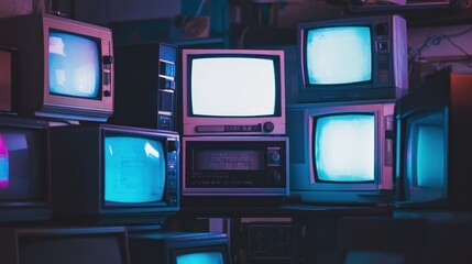 Vintage televisions stacked high in a dimly lit room.
