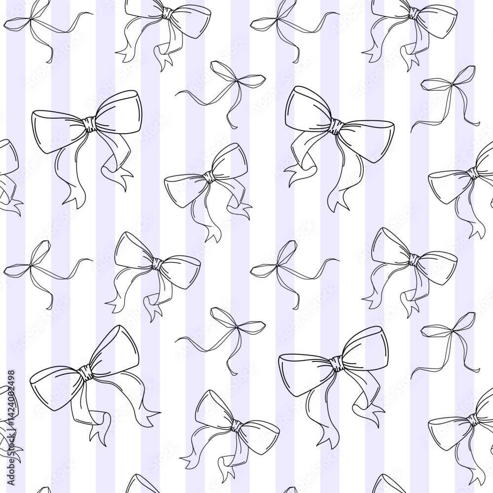 Poster seamless bow pattern on light striped background. bows pattern with ribbon sketches vector illustrat