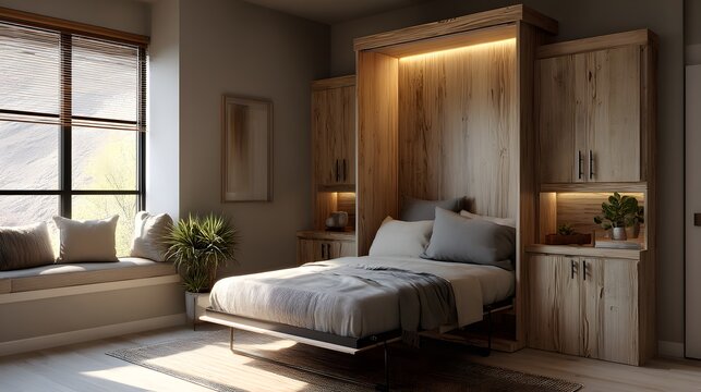 fold‑away Murphy bed studio staging with hidden cabinetry, soft ambient lighting, neutral wood tones, tactile linens