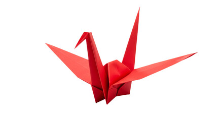 Artistic origami paper crane in vibrant red against pristine white background