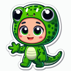A cartoon child character wearing a green lizard costume, waving hello.