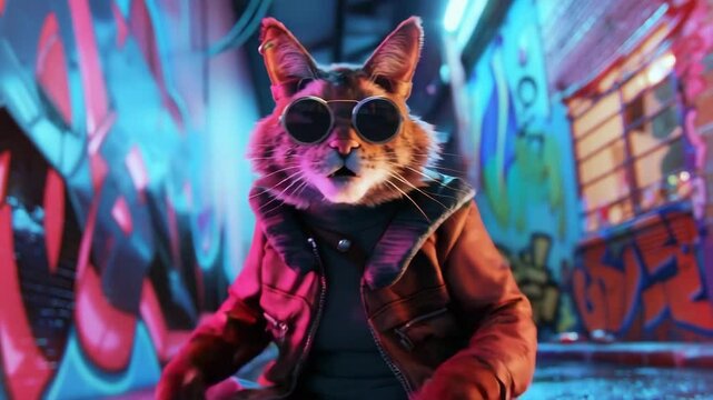 Stylish animated cat in sunglasses and jacket dances joyfully in vibrant urban alley adorned with colorful graffiti, creating lively scene.
