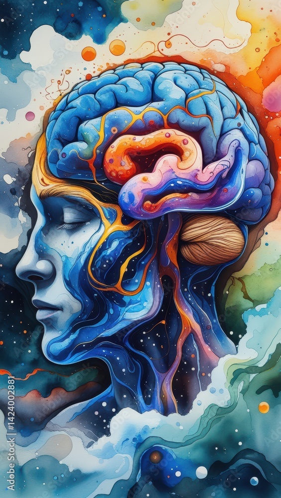 Poster abstract artistic representation of the human brain with vibrant neural pathways and colorful cosmic
