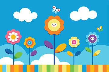 Fototapeta premium Cheerful Cartoon Landscape with Flowers, Butterfly and Clouds on Blue Background