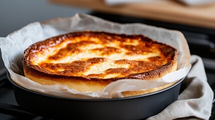 A stunning cheesecake rests on a baking tray, its exquisite color and texture beautifully showcased, capturing the essence of homemade desserts ready for delight.