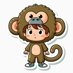 Fototapeta premium A cartoon illustration of a young boy wearing a brown monkey costume, looking somewhat thoughtful.