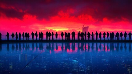 Silhouetted figures stand in a row, observing a vibrant red and purple sunset over a city reflecting on a glassy surface.
