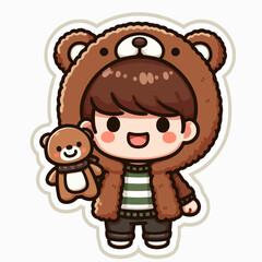 A cheerful cartoon boy dressed in a brown bear costume, holding a smaller teddy bear, representing a playful and endearing scene.