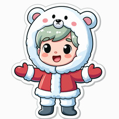 A joyful cartoon child dressed in a winter polar bear costume, welcoming the cold weather.
