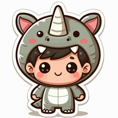 A cheerful cartoon boy in a gray rhino costume,  exuding cuteness.
