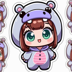 A digital illustration of a chibi-style girl wearing a purple hippo costume.