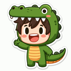 A cheerful cartoon boy in a green crocodile costume, waving, perfect for children's media.