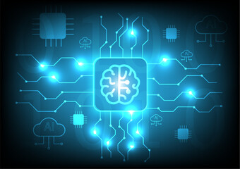 Brain on the CPU represents technology, technological connectivity, abstract blue background