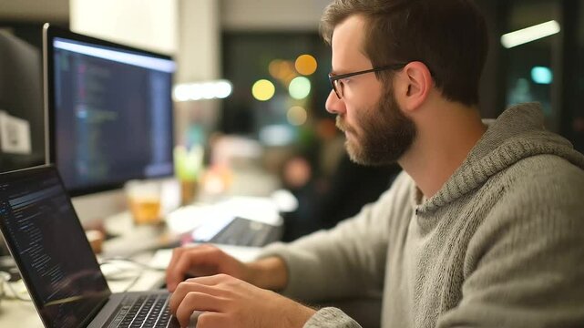 A programmer deeply immersed in coding within a tranquil office environment.