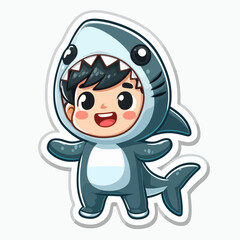 A cartoon boy in a shark costume, joyfully expressing happiness.