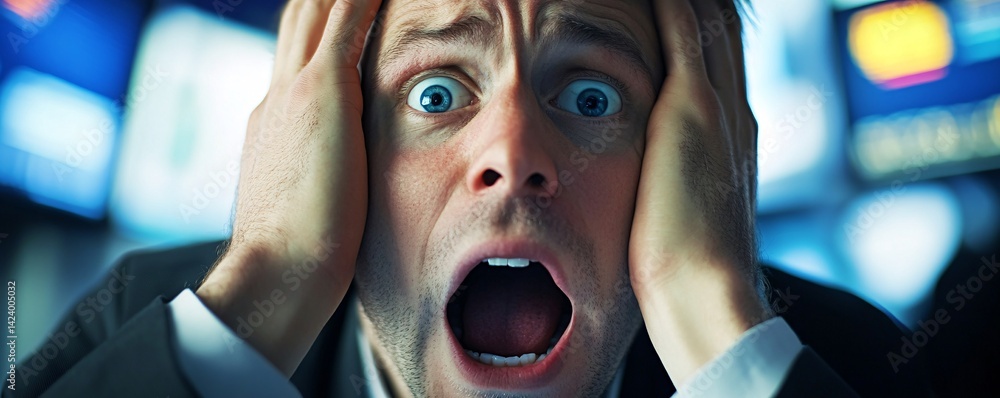 Poster Businessman is panicking in front of his multiple computer screens