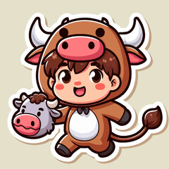 A cheerful cartoon boy in a brown bull costume, holding a small bull's head.