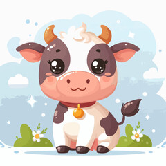 A stylized, cartoon depiction of a small, seated cow with large eyes, and a soft pastel color palette.