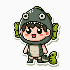 A cartoon boy dressed in a large fish costume, with a happy expression.