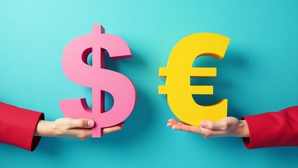 Conceptual image of hands holding pink dollar and yellow euro symbols against a textured blue background. A vibrant representation of currency exchange and financial themes.