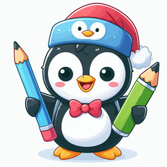 A cartoon penguin wearing a Santa hat and holding pencils.