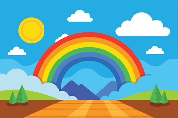 Colorful Rainbow Landscape Flat Art with Sun, Clouds, Sky, Mountains