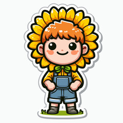 A cartoon boy, wearing a sunflower headpiece and overalls costume, stands against a white background.