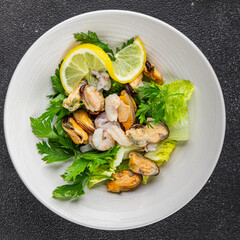 Seafood salad fruit de mer shrimp, mussels, squid, rapawn, prawn, green mixed leaf dish fresh food background on the table rustic food top view copy space keto paleo diet vegetarian pescetarian