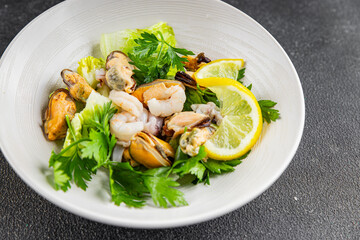 Seafood salad fruit de mer shrimp, mussels, squid, rapawn, prawn, green mixed leaf dish fresh food background on the table rustic food top view copy space keto paleo diet vegetarian pescetarian