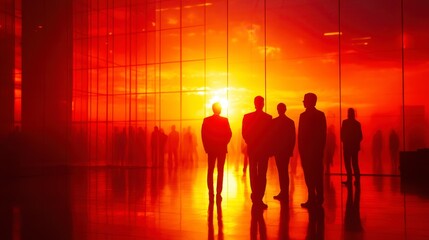 Fototapeta premium Silhouetted figures stand in a large hall, bathed in the warm, orange glow of a dramatic sunset.