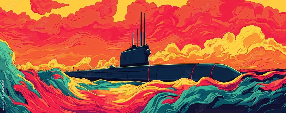 Poster colorful stylized vector art of a submarine cruising on a rough sea with a red and yellow sky in the