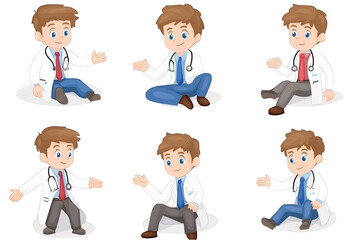 Illustration Of A Doctor In White Coat With Stethoscope In Various Poses