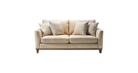 Elegant cream colored loveseat sofa with patterned throw pillows on white background