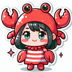 A chibi-style girl wearing a bright red crab costume with white stripes.