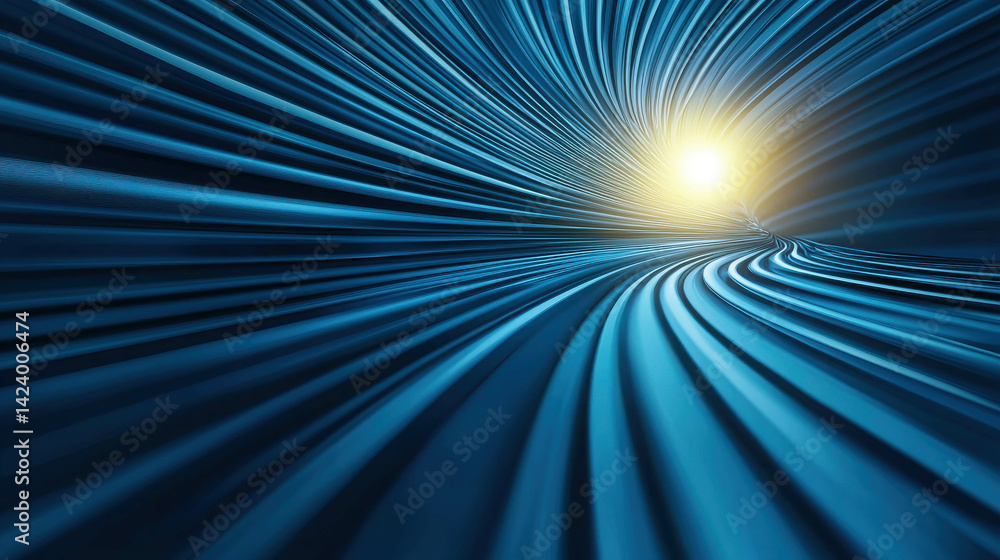 Poster abstract artistic image of blue wave patterns leading towards a bright light source in space