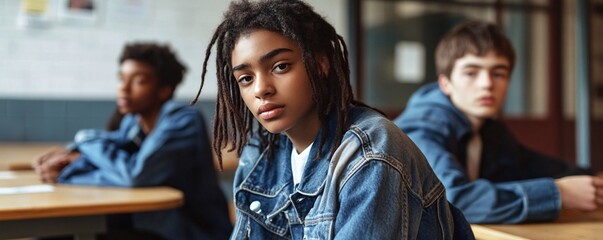 Young woman with classmates behind her sits at a desk in a classroom