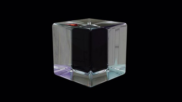 Looped abstract animation. 3d render of rotating glass transparent cube on transparent background with reflection. 4k seamless looped video. Alpha channel