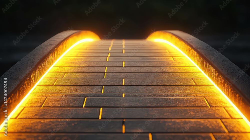 Poster glowing wooden bridge pathway with illuminated edges in enigmatic dark environment
