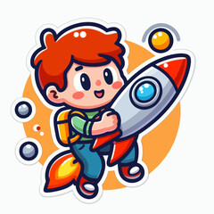 A cartoon boy, with a backpack and joyful expression, holds a rocket, poised for a space adventure.