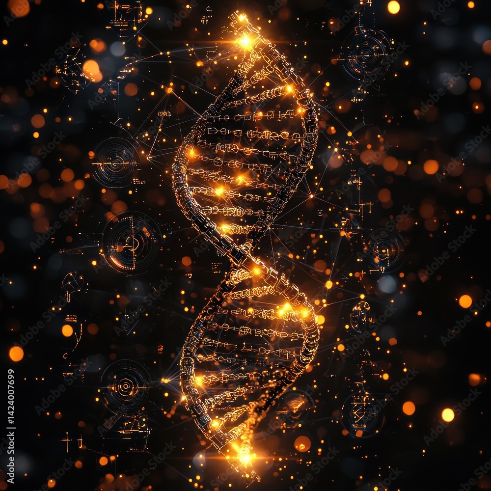 Poster intricate golden dna helix with abstract technological elements and glowing particles