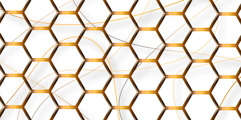 White Hexagonal background with golden light. Hexagon technology white and gold colored honeycomb abstract background. Dark 3d geometric texture illustration. Bright grid pattern.