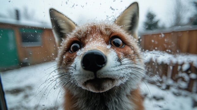 A curious fox presses its face against a snowy window, displaying its inquisitive nature and connection to the cold winter atmosphere outside.