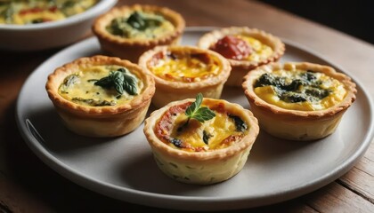 Assorted Savory Tarts with Fresh Vegetables and Herbs on Plate
