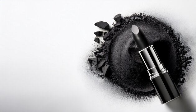 A sleek black lipstick rests on a textured surface of black powder, highlighting a modern and edgy beauty aesthetic.