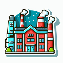 Naklejka premium A stylized illustration of a factory at night, with multiple buildings and smokestacks, presented in a cartoonish manner.