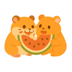 Adorable two hamsters sharing watermelon slice. Cartoon flat style, bright pastel colors, isolated clipart.