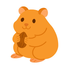 Cute hamster holding nut in cartoon flat style. Soft pastel colors, isolated vector clipart.