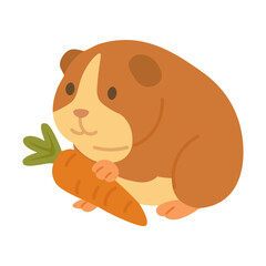 Cute hamster holding carrot in cartoon flat style. Bright pastel colors, isolated vector clipart.