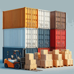 Multi-colored shipping containers stacked high, with a forklift and wooden cargo boxes, suggesting international transport and logistics.
